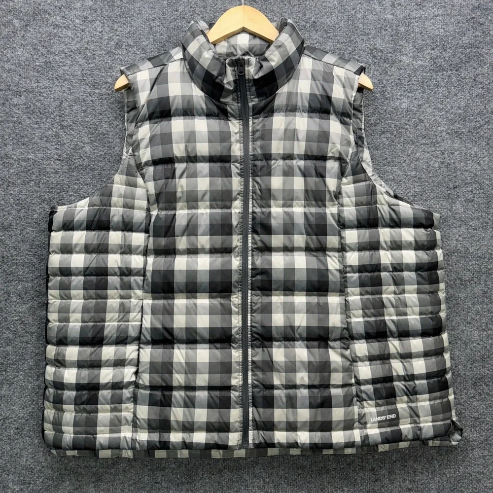 Lands' End Buffalo Plaid Puffer Vest Women 2X Grey Black Down Insulated Outdoor